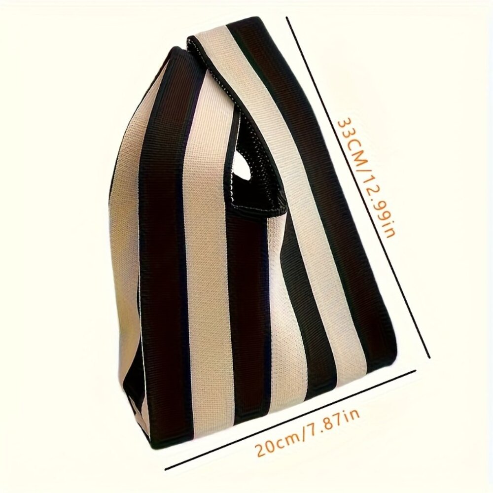 Knitted Tote Bag, Striped Pattern Crochet Bag, Casual Handbag & Wrist Purse - Picture 3 of 4